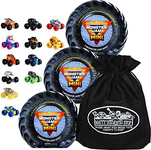 Matty's Toy Stop Monster Jam Mini Mystery Collectible Monster Trucks (1:87 Scale) Gift Set Party Bundle Storage Bag - 3 Pack (Assorted) - Image 1