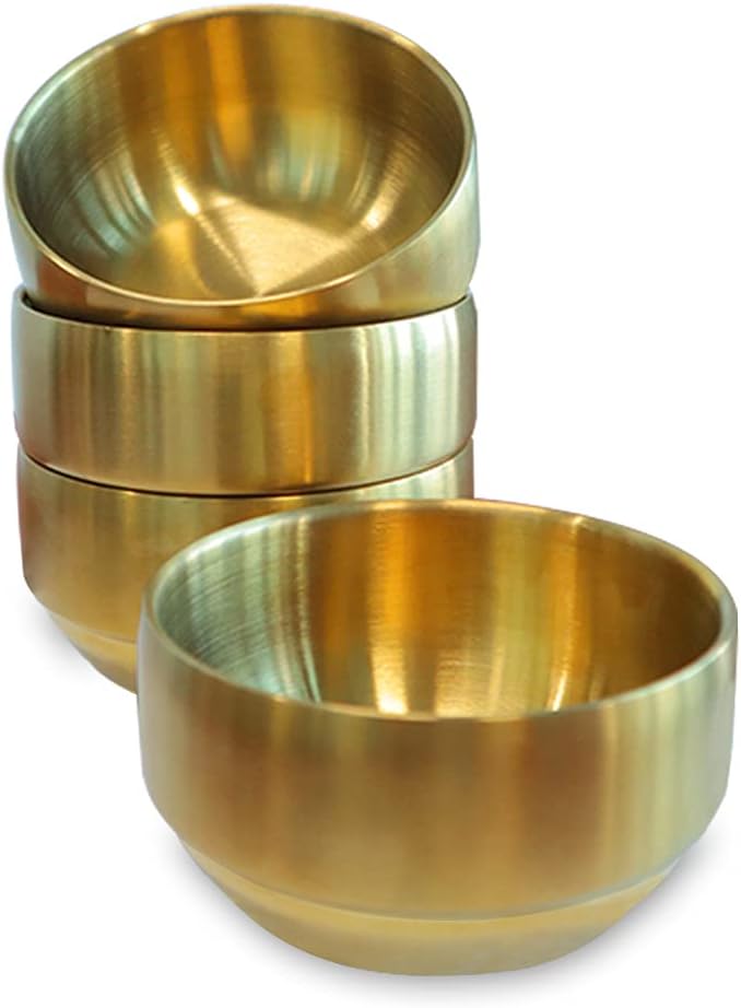Roucerlin 4Pack Thick 304 Stainless Steel Bowls, Small Double Wall Rice Bowls, Stainless Steel Soup Bowl Salad Bowl Noodle Bowl, Metal Bowls for Fruit Cereal Snack Appetizer (Gold, 4.7in) - Image 1