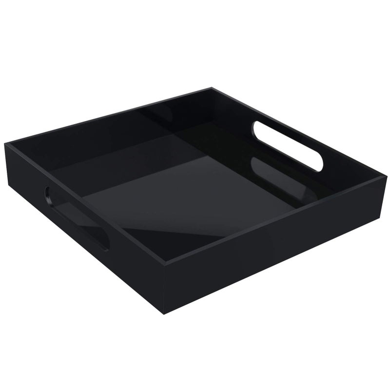 Tasybox Acrylic Serving Tray Black Decorative Serving Trays with Handles for Kitchen Dining Room Table Ottoman Vanity Countertop 12 x 12