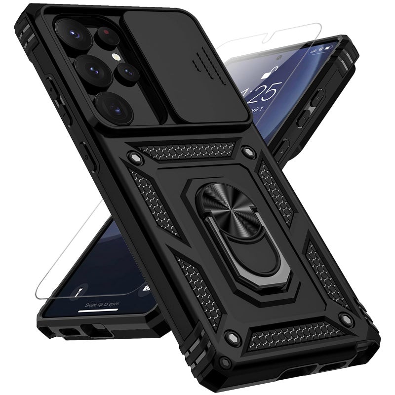 PUSHIMEI for Samsung Galaxy S25 Ultra Case with Slide Camera Cover HD Screen Protector [Military Grade Drop Tested] Magnetic Ring Holder Kickstand Protective Phone Case for Samsung Galaxy S25 Ultra 2025, Black - Image 1