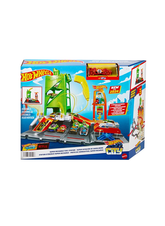 Hot Wheels - Toy Car Track Set, Super Recharge Fuel Station Playset With Pretend Ev Chargers & 1:64 Scale Toy Car - Image 1