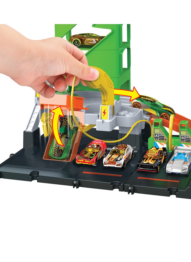 Hot Wheels - Toy Car Track Set, Super Recharge Fuel Station Playset With Pretend Ev Chargers & 1:64 Scale Toy Car - Image 1