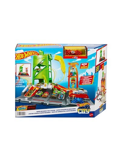 Hot Wheels Toy Car Track Set, Super Recharge Fuel Station Playset With Pretend Ev Chargers & 1:64 Scale Toy Car - Image 2