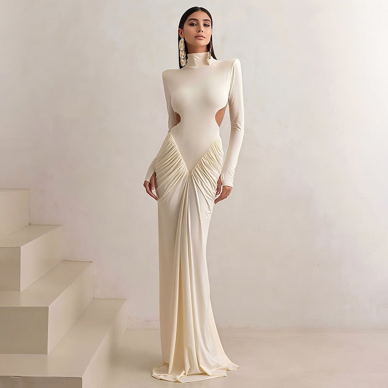 European and American 2026 Autumn Women's Solid Color Long Sleeve High Neck Elegant Fitted Pleated Long Dress - Image 1