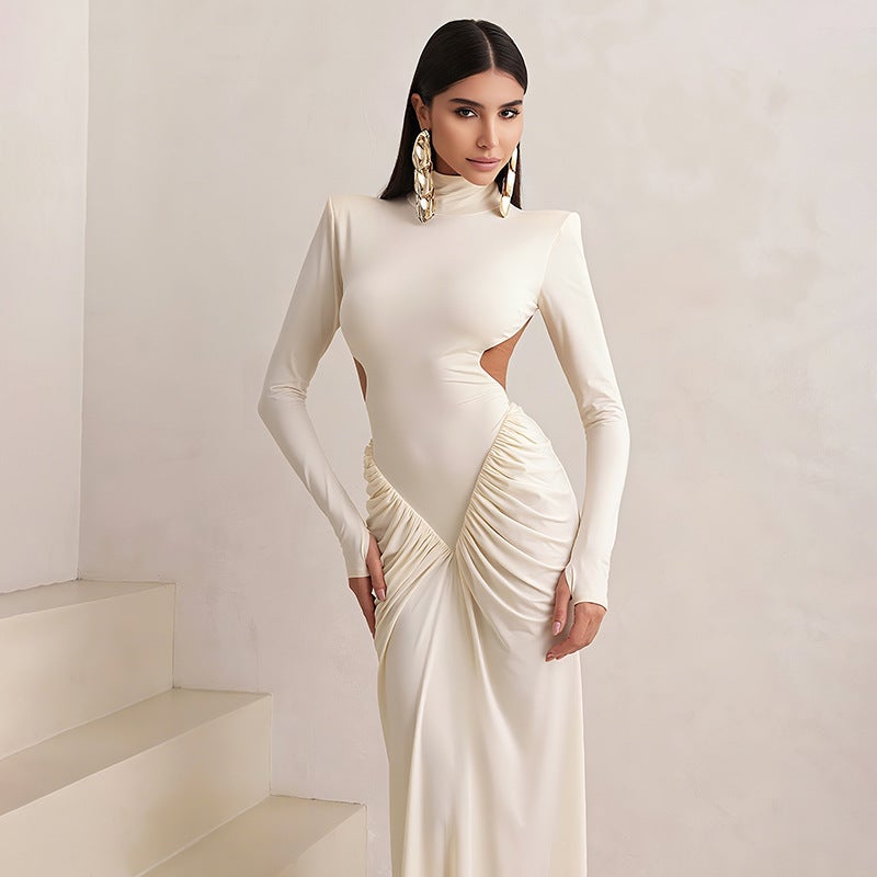 European and American 2026 Autumn Women's Solid Color Long Sleeve High Neck Elegant Fitted Pleated Long Dress - Image 2