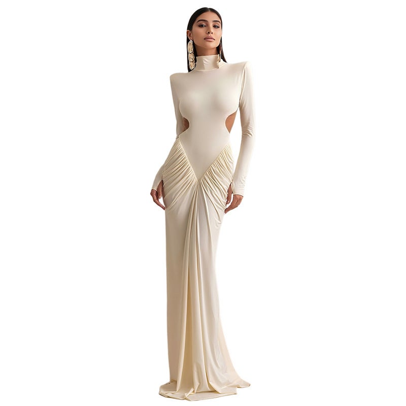 European and American 2026 Autumn Women's Solid Color Long Sleeve High Neck Elegant Fitted Pleated Long Dress - Image 5