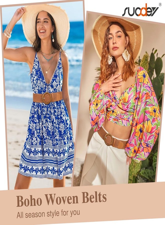 سوزدي حزام خصر عريض مضفر من الروطان للنساء من SUOSDEY، مناسب للفساتين والسراويل، حزام بوهيمي أنيق، لون بني فاتح - Image 2