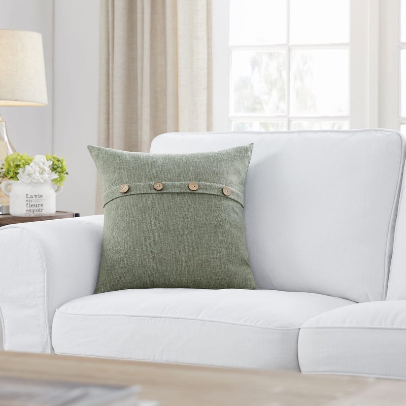 Meekio Set of 2 Dark Sage Square Pillow Covers 18 x 18 Farmhouse Pillow Covers with Coconut Buttons for Sofa Couch Living Room Bedroom - Image 2