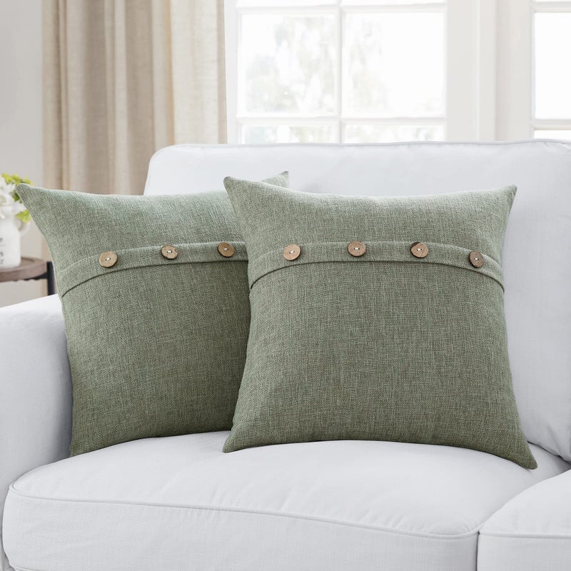 Meekio Set of 2 Dark Sage Square Pillow Covers 18 x 18 Farmhouse Pillow Covers with Coconut Buttons for Sofa Couch Living Room Bedroom - Image 1