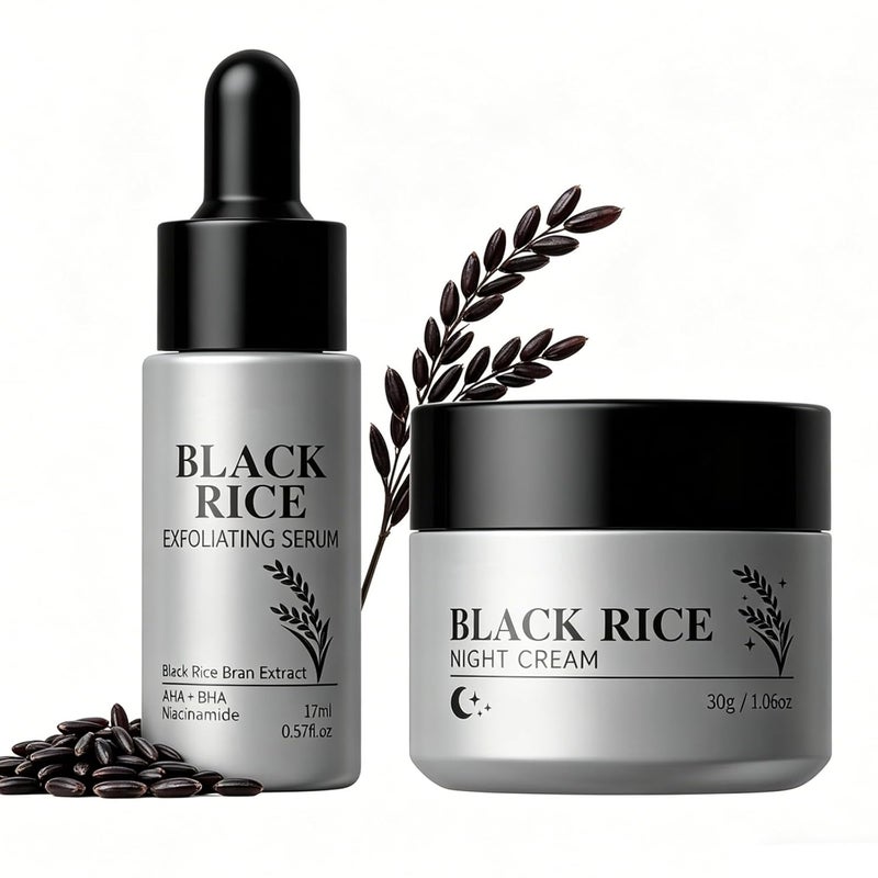 Black Rice Skin Care Set with Exfoliating Serum & Night Cream, Black Rice Extract, Day & Night Hydrates Dry Skin, Minimizes Pores, Strengthens Barrier, for All Skin Types & Women & Men - Image 1