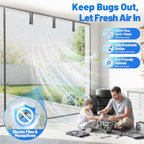 Sjuznng Garage Door Screen for 2 Car Garage - Heavy Duty Magnetic Garage Screen Door Mesh with 6 Roll Up Straps, Fiberglass Garages Doors Net Screens Keeps Bugs & Mosquitos Out Fits Garages Doors Size 16x7 Ft - Image 2