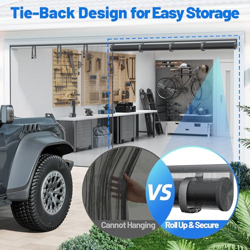 Sjuznng Garage Door Screen for 2 Car Garage - Heavy Duty Magnetic Garage Screen Door Mesh with 6 Roll Up Straps, Fiberglass Garages Doors Net Screens Keeps Bugs & Mosquitos Out Fits Garages Doors Size 16x7 Ft - Image 5