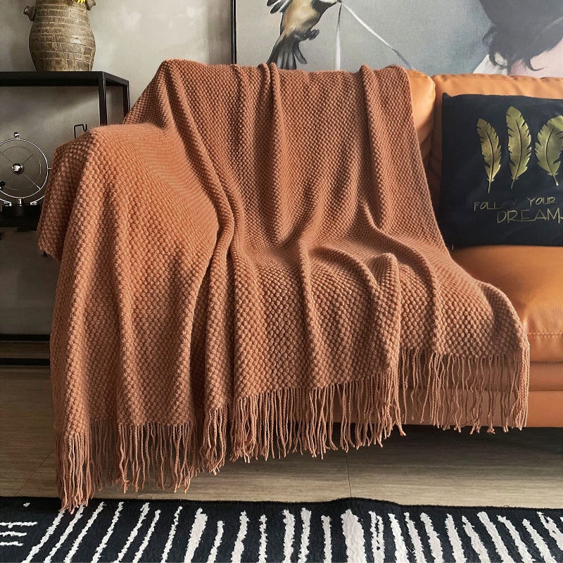 LOMAO Knitted Throw Blanket with Tassels Bubble Textured Lightweight Throws for Couch Cover Home Decor Caramel 60x80