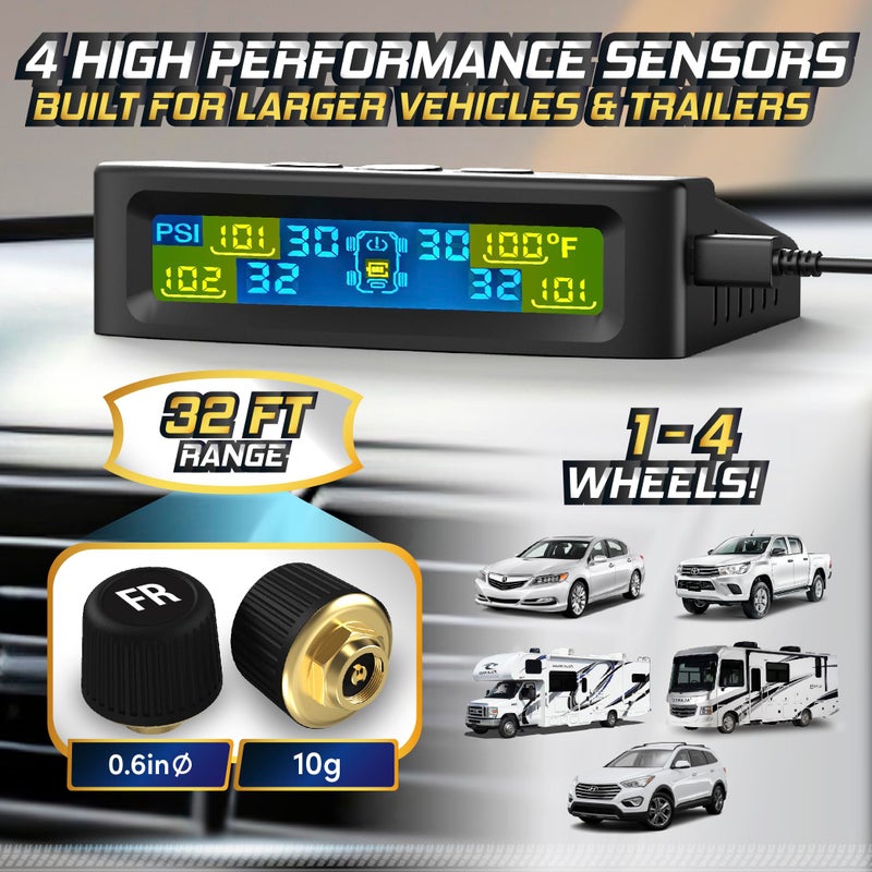 Marcala Tire Pressure Monitoring System Set of 4 TPMS Sensors for Trailer RV Camper Truck 098PSI 32ft Extended Range Air Monitor Kit Solar Charge 6 Alarm Modes Be Safe Prevent Flats - Image 3