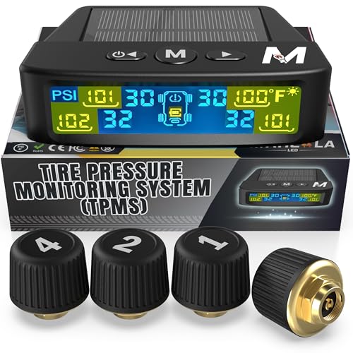 Marcala Tire Pressure Monitoring System Set of 4 TPMS Sensors for Trailer RV Camper Truck 098PSI 32ft Extended Range Air Monitor Kit Solar Charge 6 Alarm Modes Be Safe Prevent Flats - Image 1