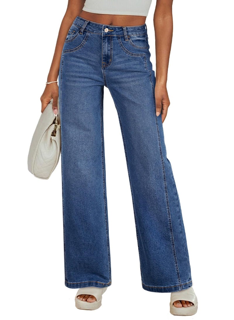 Sidefeel Women's Wide Leg Jeans High Waisted Stretchy Jeans Trendy Loose Fit Straight Leg Denim Pants Blue Size 10 - Image 1