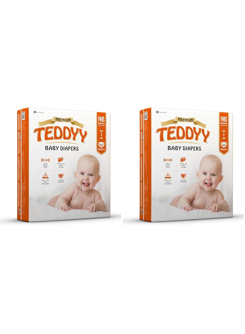 TEDDYY Baby Diapers Tapes Arabic Premium New Born 66 Count (Pack of 2), 2-5 kgs, High Absorbency, Anti - Bacterial - Image 1