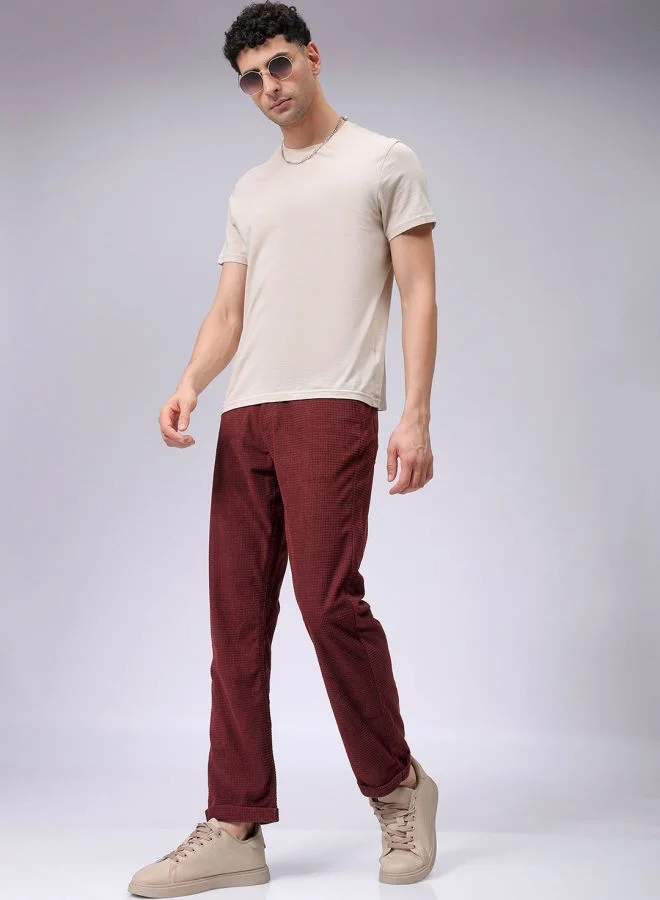 The Indian Garage Co Men Straight Fit Solid Mid-Rise Corduroy Casual Trousers