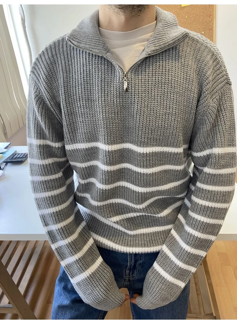 Cool Tarz Cool Style Gray-White Men's Regular Zippered Turtleneck Sweater