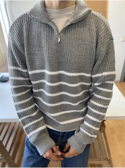 Cool Tarz Cool Style Gray-White Men's Regular Zippered Turtleneck Sweater