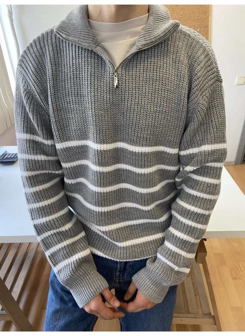 Cool Tarz Cool Style Gray-White Men's Regular Zippered Turtleneck Sweater