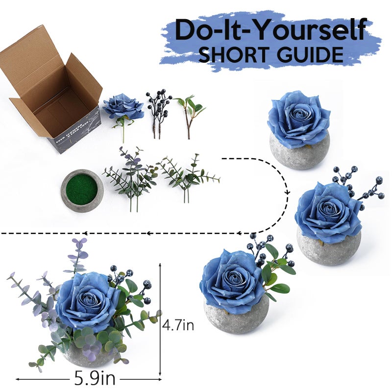 Mizii Diy Small Artificial Flowers Potted Kit Fake Flower Realistic Silk Rose And Greenery With Vase For Gifts Table Centerpiece Mantle Office Desk Shelves Living Room Decorations (Navy Blue) - Image 3