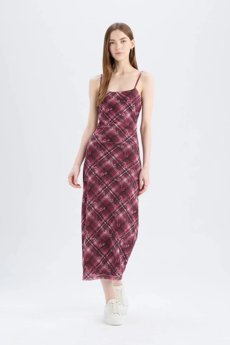 ديفاكتو Bodycon Plaid Tulle Strappy Maxi Dress