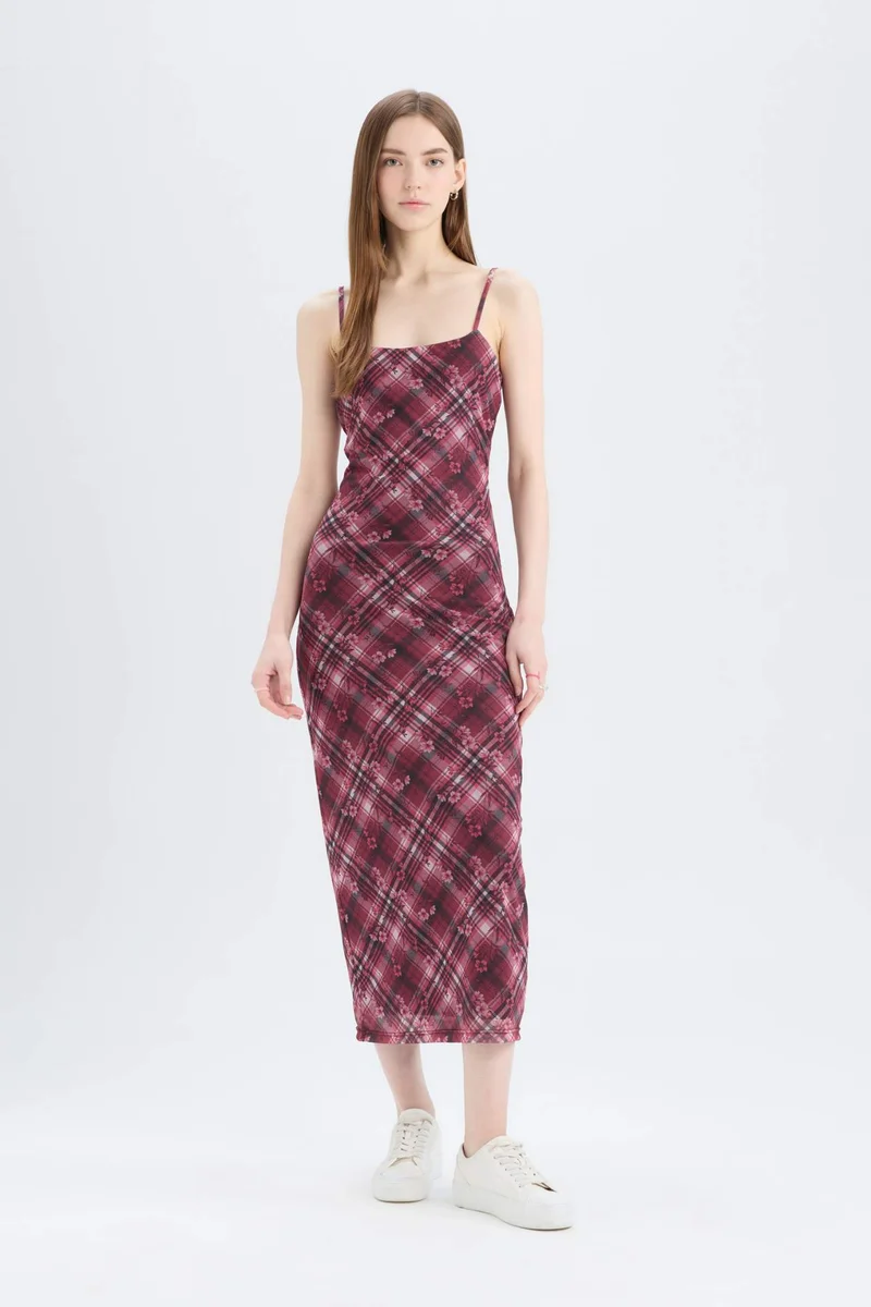 ديفاكتو Bodycon Plaid Tulle Strappy Maxi Dress