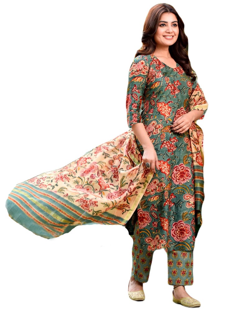 ANNI DESIGNER Women's Cotton Blend Straight Printed Kurta with Pant & Dupatta (FTA Green_XL_Green_X-Large) - Image 5