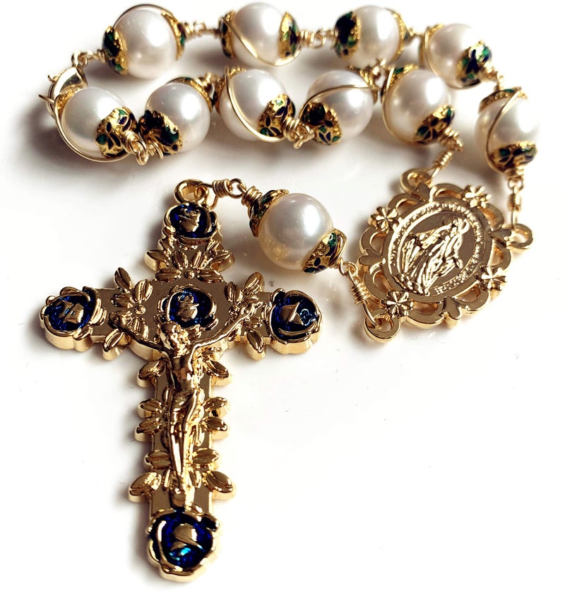 elegantmedical سوار الوردية الكاثوليكية المصنوع يدويًا من Elegantmedical بحجم كبير مع خرز لؤلؤ حقيقي 1011 مم، هدية صندوق السيارة الوردية،