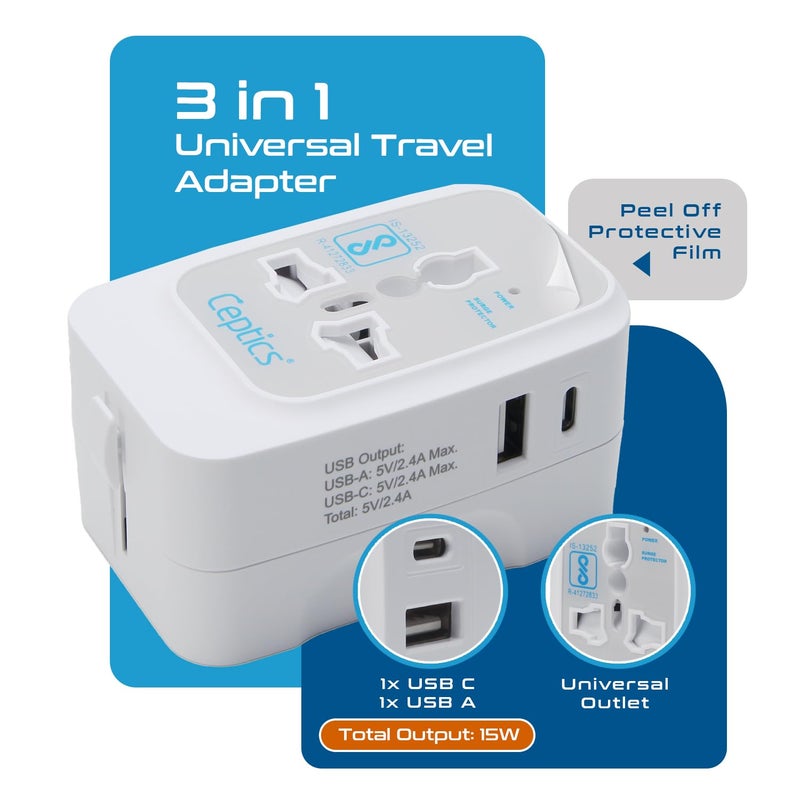 Ceptics Universal Travel Adapter with Type C, 3 in 1 Universal Adapter Plug, Travel Accessories with 2 USB A & 1 USB-C, Travel International Adapter All in One - 2 Pack - Image 2