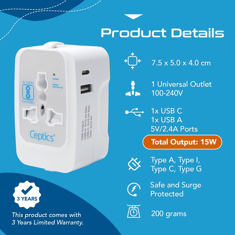 Ceptics Universal Travel Adapter with Type C, 3 in 1 Universal Adapter Plug, Travel Accessories with 2 USB A & 1 USB-C, Travel International Adapter All in One - 2 Pack - Image 4