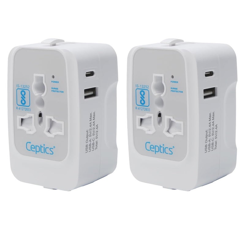 Ceptics Universal Travel Adapter with Type C, 3 in 1 Universal Adapter Plug, Travel Accessories with 2 USB A & 1 USB-C, Travel International Adapter All in One - 2 Pack - Image 1