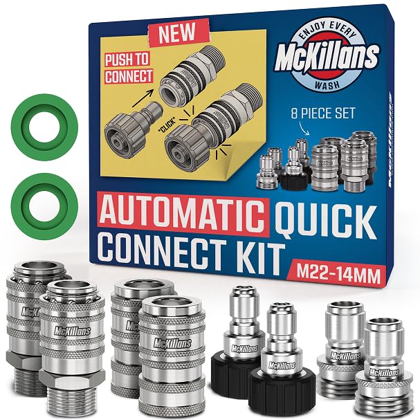 McKillans® 2025 Automatic M22-14mm Pressure Washer Quick Connect Kit - M22 to 3/8 Quick Connect Pressure Washer Fittings - Power Washer Accessories - Hose Adapter Set - 8-Piece Kit (Stainless Steel) - Image 1