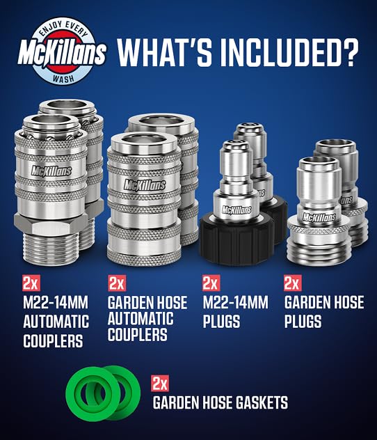 McKillans® 2025 Automatic M22-14mm Pressure Washer Quick Connect Kit - M22 to 3/8 Quick Connect Pressure Washer Fittings - Power Washer Accessories - Hose Adapter Set - 8-Piece Kit (Stainless Steel) - Image 5