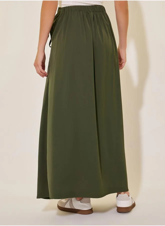 Styli Solid Drawstring Tie Midi Skirt