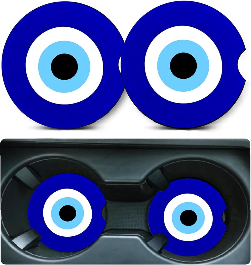 Ldntly Car Coasters for Cup Holders,2 Pack Blue Evil Eye Car Cup Holder Coasters,2.75" Universal Size Anti Slip Rubber Mat,Automotive Cup Holder Decal Decor Accessories,Evil Eye Gifts for Men,Women Mom - Image 1