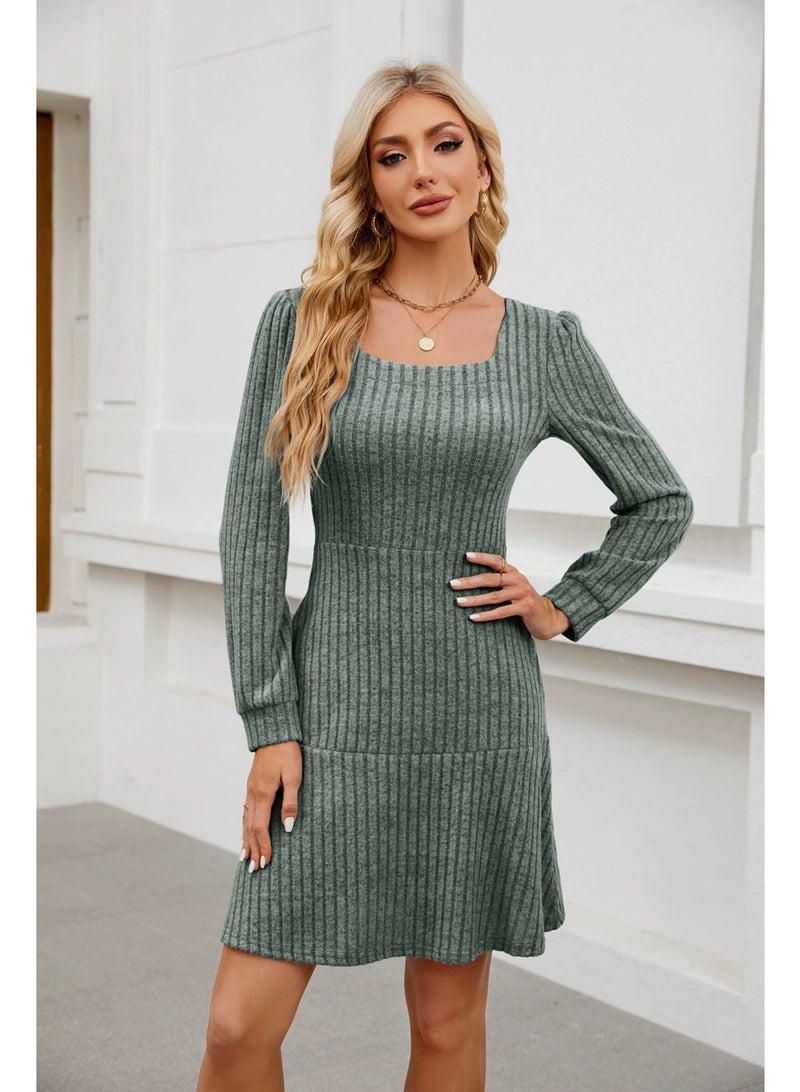 general 2025-2026 Women's Square-neck Lantern-Sleeve Doll Dress with Pockets and Long-Sleeved Overalls - Image 1