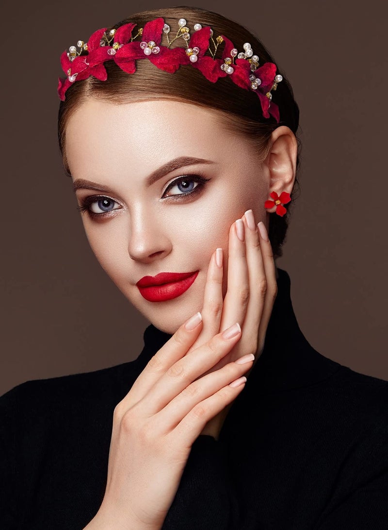 KASTWAVE Wedding Bride Floral Red Headband, Crystal Gold Red Flower Hair Vine with Pearl Rhinestone Hair Accessory with Earring, Boho Delicate Hair Piece Jewelry for Women and Girls - Image 4