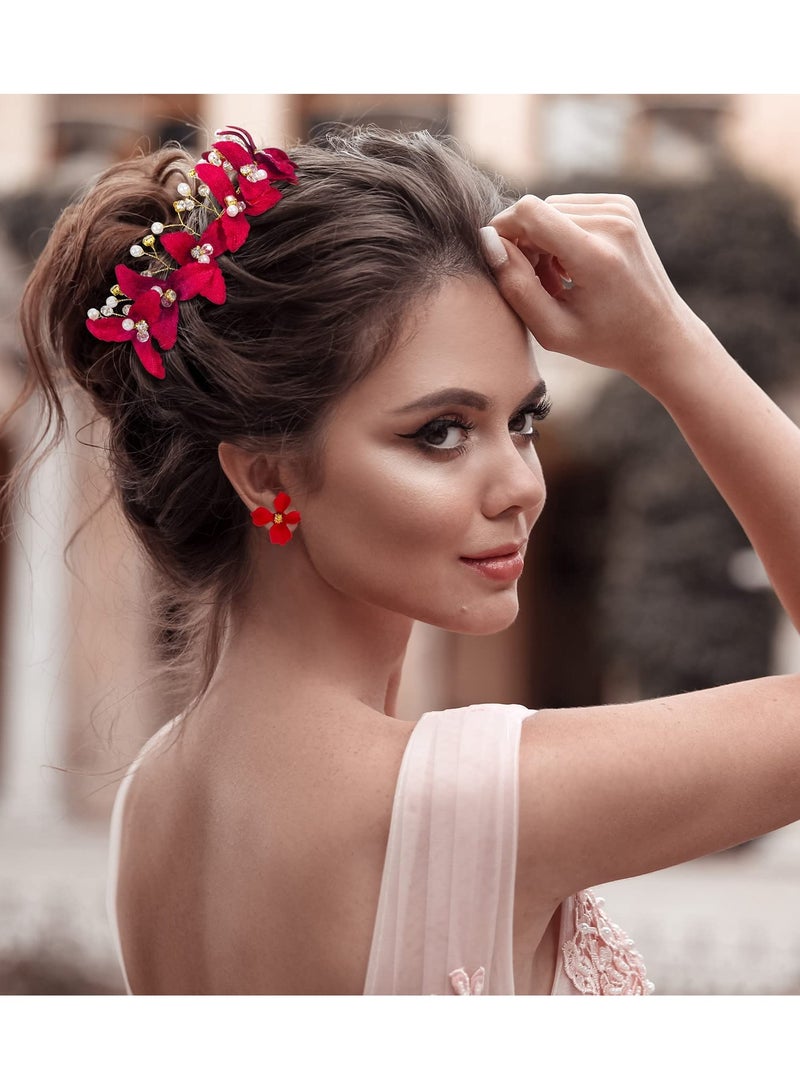 KASTWAVE Wedding Bride Floral Red Headband, Crystal Gold Red Flower Hair Vine with Pearl Rhinestone Hair Accessory with Earring, Boho Delicate Hair Piece Jewelry for Women and Girls - Image 5