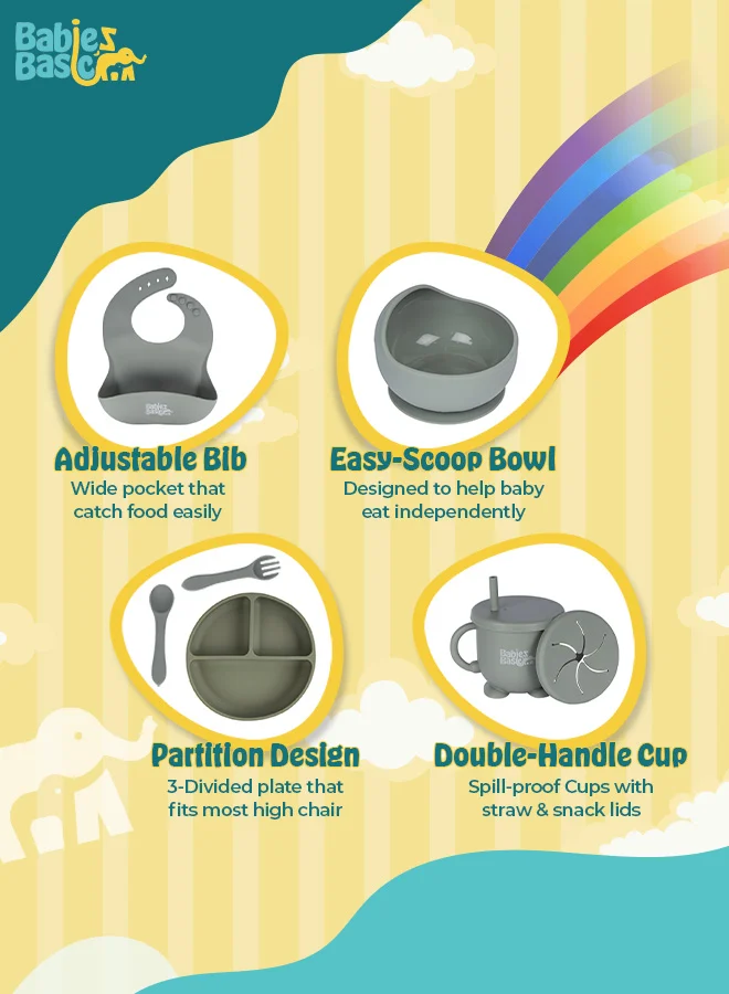 Babies Basic Feeding Set, 6 Piece, Silicone Set For Self Feeding, Learning & Fine Motor Skills Soft, Easy To Grip, Bib, Bowl, Plate, Mini Utensils, Spoon & 2 In 1 Cup - Green