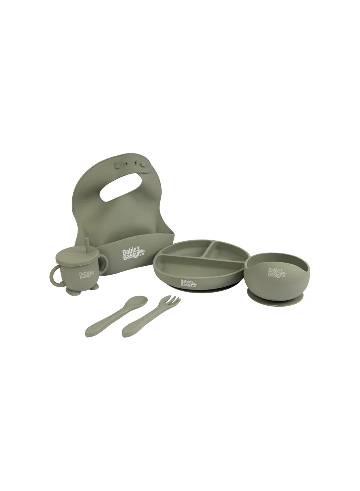 Babies Basic Feeding Set, 6 Piece, Silicone Set For Self Feeding, Learning & Fine Motor Skills Soft, Easy To Grip, Bib, Bowl, Plate, Mini Utensils, Spoon & 2 In 1 Cup - Green