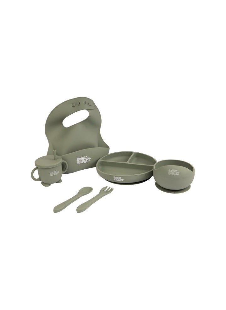 Babies Basic Feeding Set, 6 Piece, Silicone Set For Self Feeding, Learning & Fine Motor Skills Soft, Easy To Grip, Bib, Bowl, Plate, Mini Utensils, Spoon & 2 In 1 Cup - Green  - Image 1