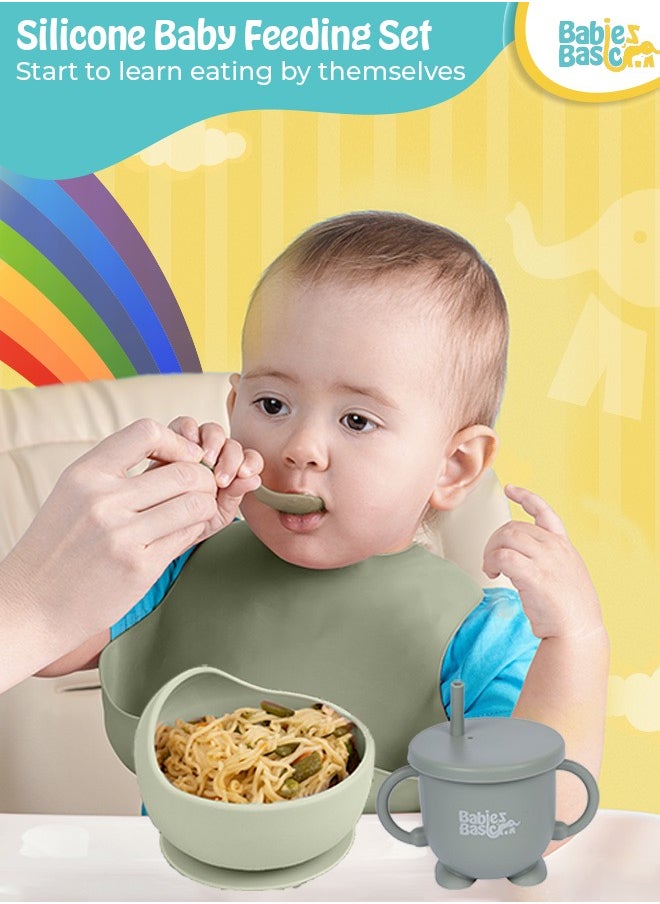 Babies Basic Feeding Set, 6 Piece, Silicone Set For Self Feeding, Learning & Fine Motor Skills Soft, Easy To Grip, Bib, Bowl, Plate, Mini Utensils, Spoon & 2 In 1 Cup - Green  - Image 3