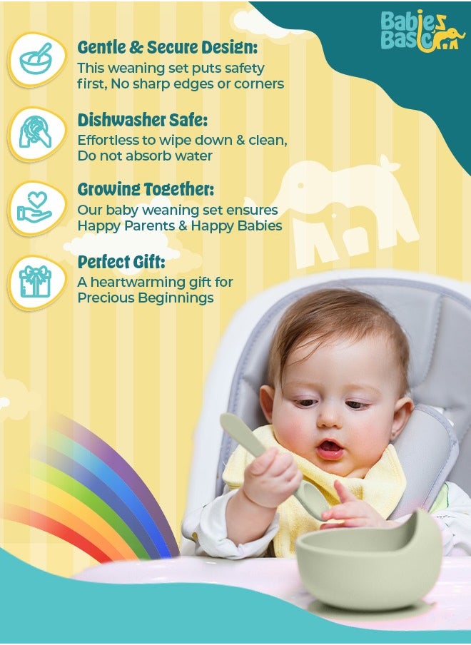 Babies Basic Feeding Set, 6 Piece, Silicone Set For Self Feeding, Learning & Fine Motor Skills Soft, Easy To Grip, Bib, Bowl, Plate, Mini Utensils, Spoon & 2 In 1 Cup - Green  - Image 4