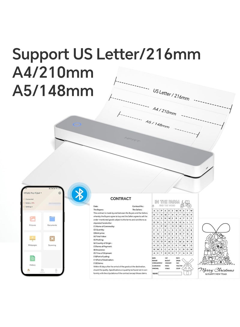 HPRT MT610 Pro Portable Printer Wireless for Travel, Bluetooth Thermal Printer 8.5x11 US Letter&A4 Thermal Paper, Compatible with Android and iOS Phone & Laptop, Inkless Printer Mobile Office White - Image 2