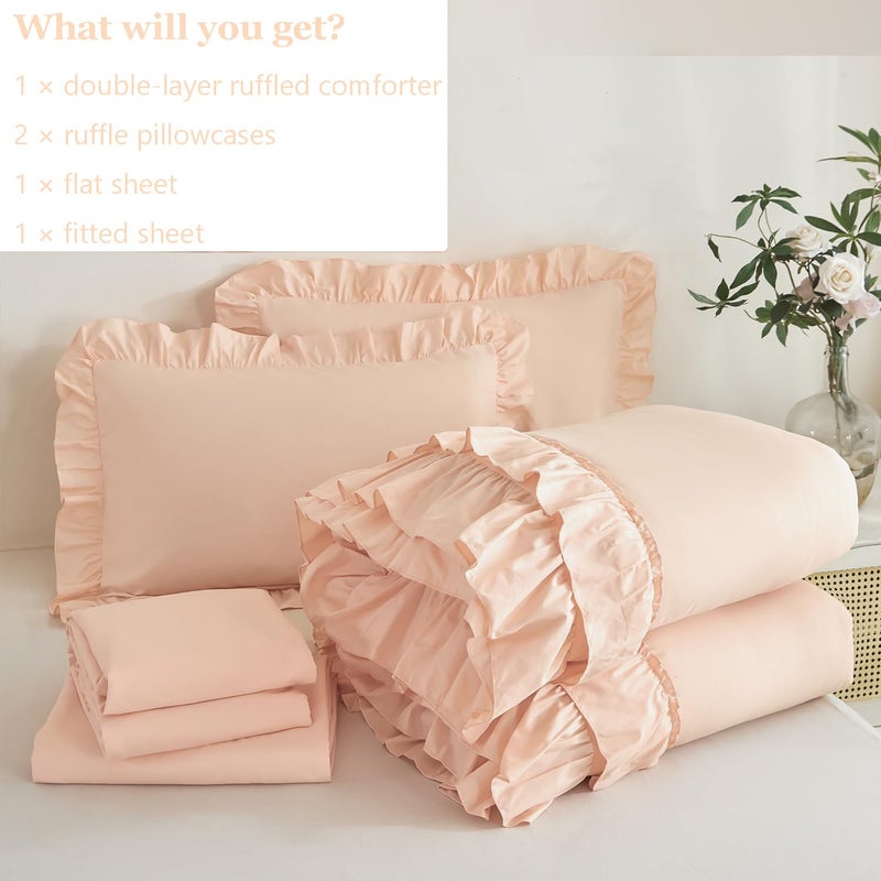 ANGIYUIN Blush Pink Girls Twin Comforter Set 5Pcs Double Ruffled Fluffy Bed in A Bag Solid Color Farmhouse Boho Bed Set Soft Shabby Chic Bedding Comforter Set with Sheets(Blush Pink Twin) - Image 4