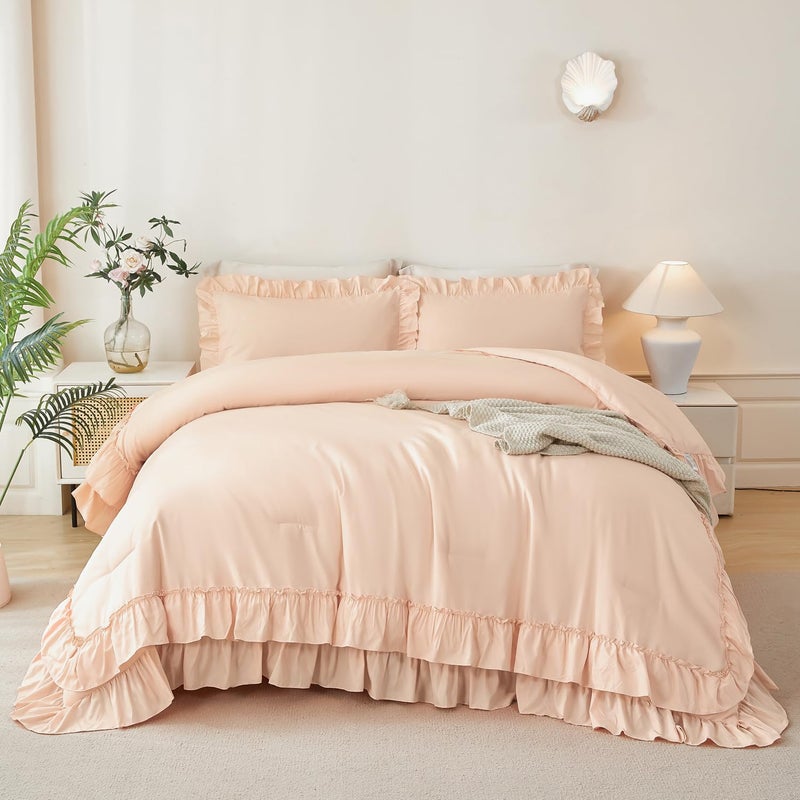 ANGIYUIN Blush Pink Girls Twin Comforter Set 5Pcs Double Ruffled Fluffy Bed in A Bag Solid Color Farmhouse Boho Bed Set Soft Shabby Chic Bedding Comforter Set with Sheets(Blush Pink Twin) - Image 3