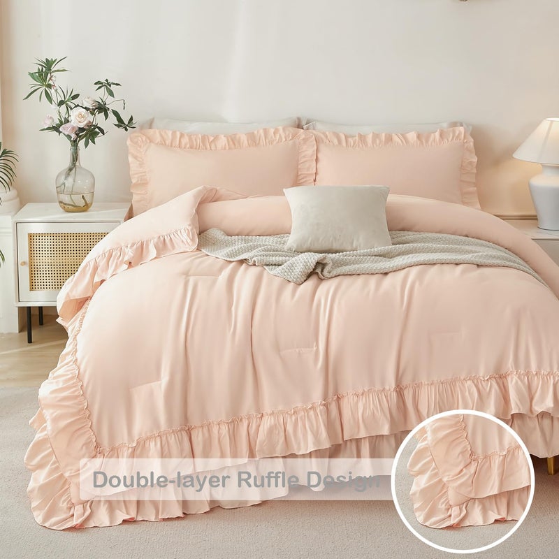 ANGIYUIN Blush Pink Girls Twin Comforter Set 5Pcs Double Ruffled Fluffy Bed in A Bag Solid Color Farmhouse Boho Bed Set Soft Shabby Chic Bedding Comforter Set with Sheets(Blush Pink Twin) - Image 5