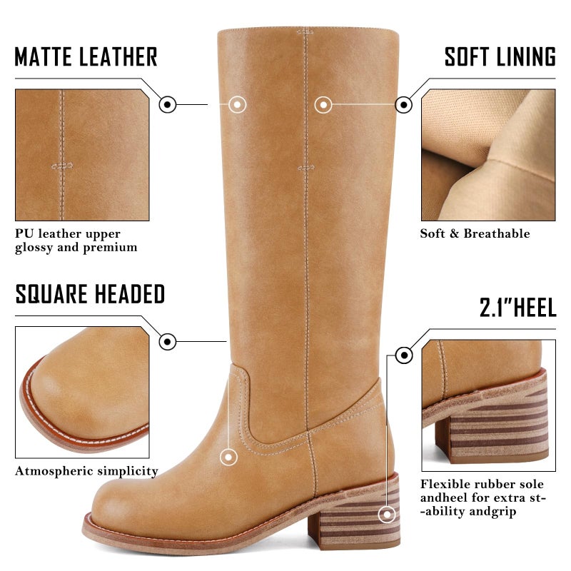 VBDB Knee High Boots for Women Square Toe Wide Calf Pull on Long Boots Low Chunky Heel Block Heel Comfortable Daily Work Casual Size8 - Image 3